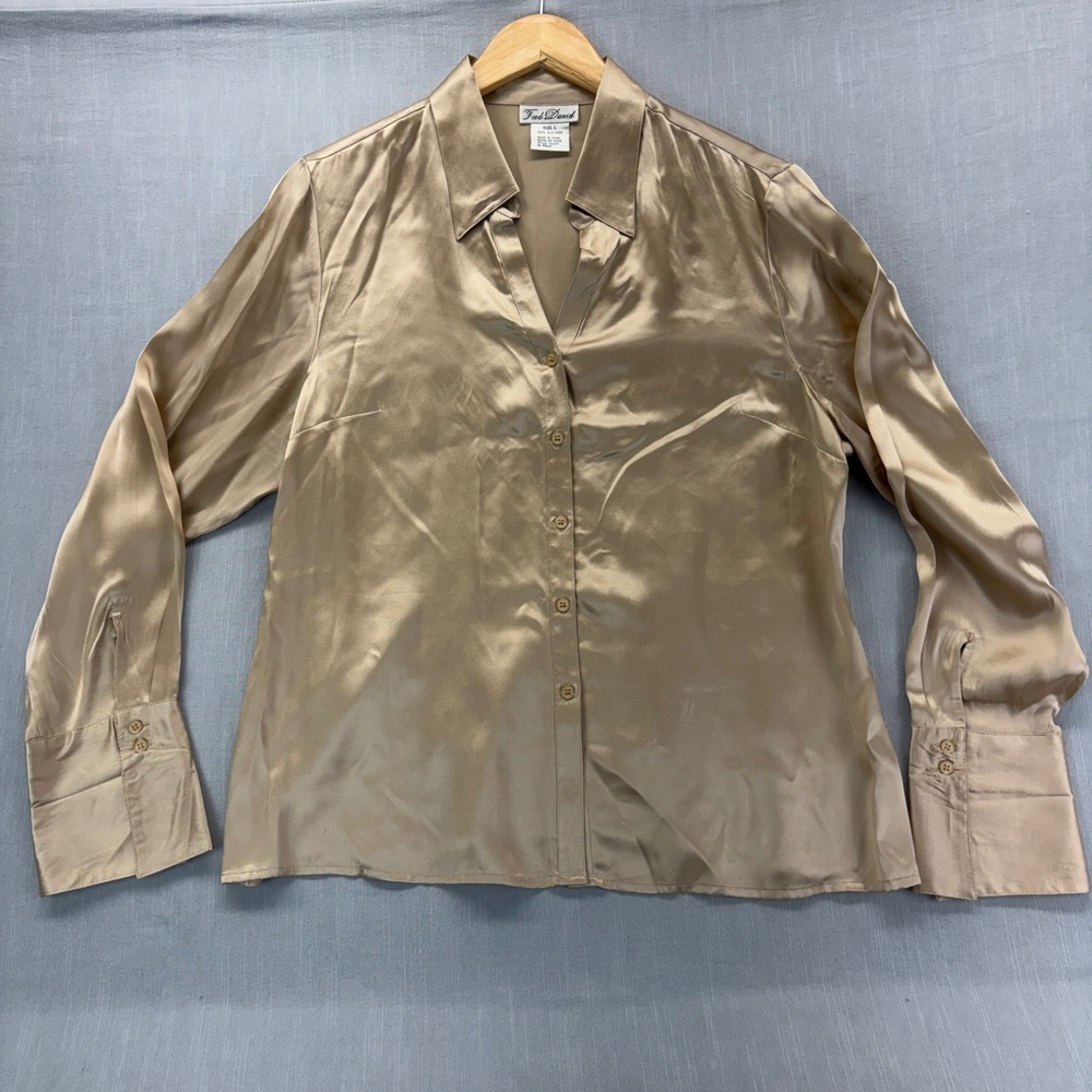 Fred David Blouse Womens L Button Up Champagne Gold Silk Blend Long Sleeve